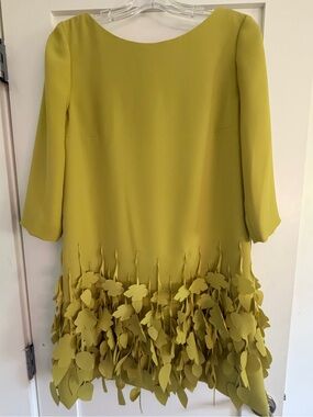 Mini Dress with 3/4 Sleeves and Leaf Appliqué Hem in Chartreuse